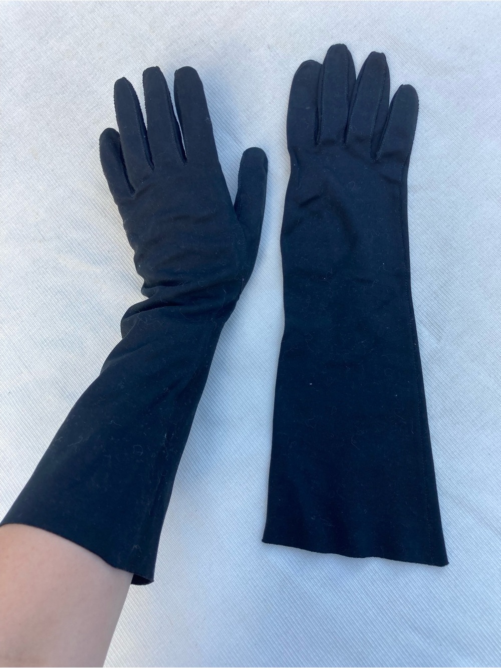 Vintage Aris Black Cotton Long Evening Gloves Size 7.5 14” Formal